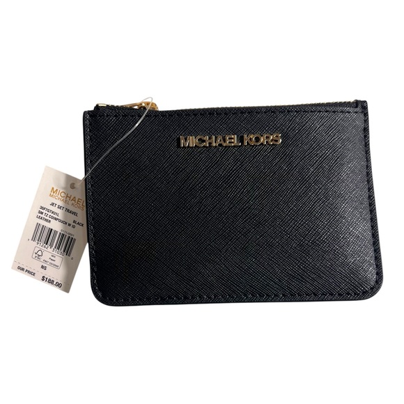 Michael Kors Jet Set Travel Leather Coin Pouch with ID Window - Black - Picture 1 of 5